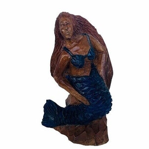 Mermaid figurine wood sculpture statue Siren folk art bikini vtg collectible bra