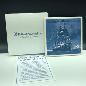 HOLLAND AMERICA LINE drink coaster vintage Royal Goedewaagen pottery art porcelain barware delftware delft blue white coa ship boat vessel