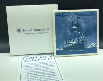 HOLLAND AMERICA LINE drink coaster vintage Royal Goedewaagen pottery art porcelain barware delftware delft blue white coa ship boat vessel