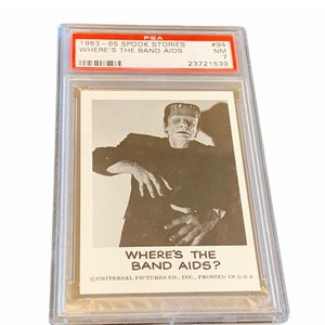 Horror Universal Monsters Trading Card Vintage 1963 Leaf Spook Stories Graded PSA 7 vtg #94 Frankenstein Where's Band Aids Boris Karloff