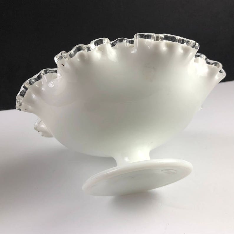 VINTAGE FENTON GLASSWARE vase glass milk white opalescent sculpture wave rim ribbed bowl candy dish silver crest wave rim ruffled footed
