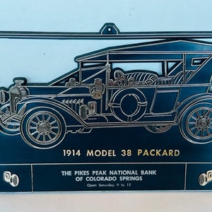 Ford Model 38 Packard 1914 vintage plastic sign advertising plaque automobile classic car wall hanging Pikes Peak Bank Colorado CO vtg BC1