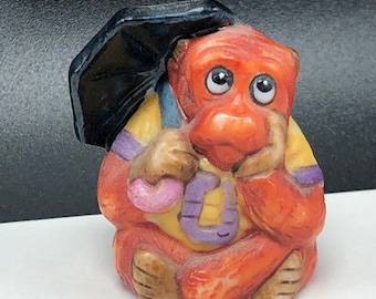 1985 FRANKLIN MINT THIMBLE collection animal alphabet friends of forest miniature figurine sculpture statue Letter U Umbrella monkey chimp