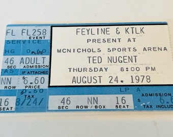 Ted Nugent Rock Concert Ticket Stub pop memorabilia music heavy metal ephemera coleccionable vintage 1978 Denver Colorado Mcnichols arena CO