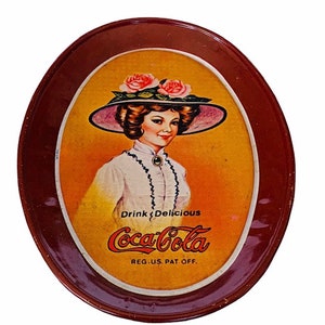 COCA COLA TRAY Coke Soda Pop advertising 6 inch 6&quot; metal tin sign woman lady drink delicious decor gift original antique vtg Floral bonnet