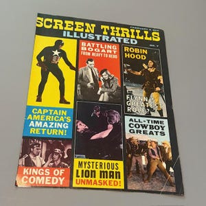 Pubblicità stampata d&#39;epoca del 1964, copertina della rivista Screen Thrills, Capitan America, Uomo Leone, Horror, Robin Hood
