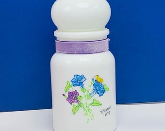 APOTHECARY CANISTER CONTAINER jar vtg 1979 Belgium D Rieger milk glass with lid vintage mcm vtg collectible butterflies butterfly decor