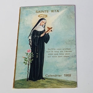 HOLY PRAYER CARD antique vintage paper ephemera collectible church gift decor Christian Catholic Jesus Christ 1962 Saint St Rita calendar
