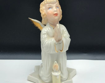 VINTAGE PORCELAIN ANGEL figurine statue sculpture milk white glossy candle praying kneeling gold trim spiritual heaven religious shiro shuso