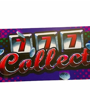 May include: A purple and black background with a slot machine graphic showing three 7s. The text "Collect" is written in red and white letters. The background is covered in small white and pink dots.