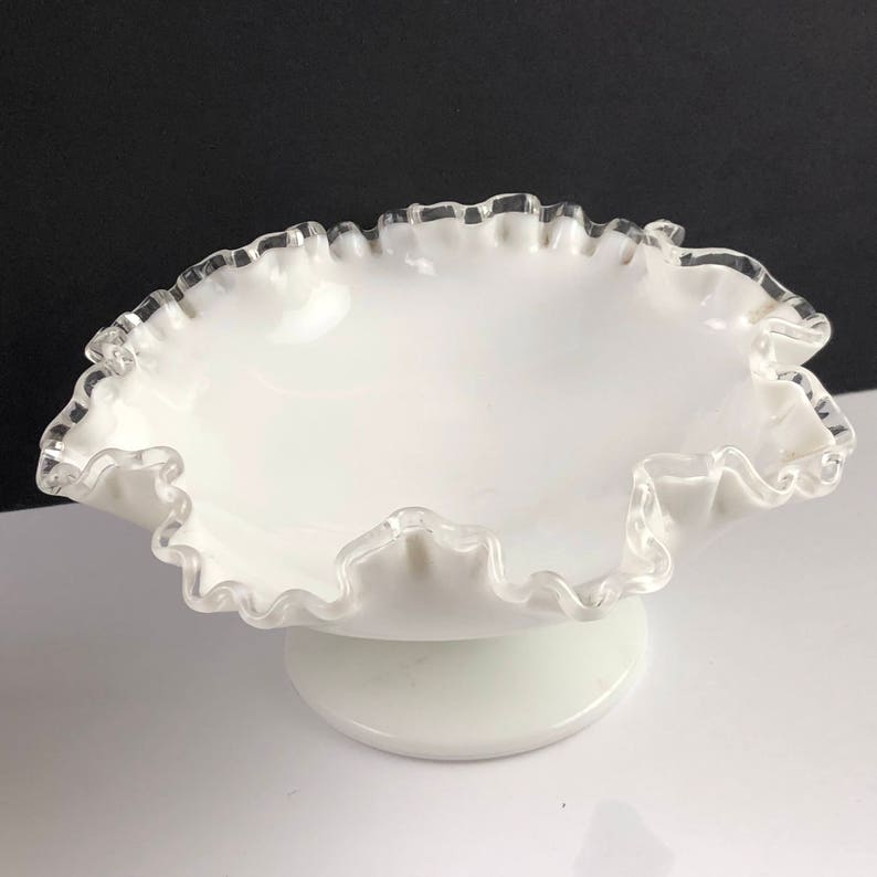 VINTAGE FENTON GLASSWARE vase glass milk white opalescent sculpture wave rim ribbed bowl candy dish silver crest wave rim ruffled footed