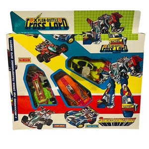 May include: A vintage toy box featuring the "X-Plan-Battle Cross Lord" series. The box showcases illustrations of transforming robots and vehicles in vibrant colors, including red, green, orange, and blue. The text on the box reads "3 Mechanisms for Cross-Transforming into Robot!"