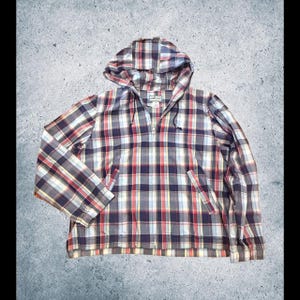 Vintage Womens Pendleton Pullover Jacket Medium Hood Oregon Check Plaid Red Blue
