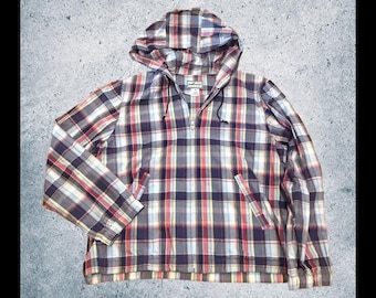 Vintage Womens Pendleton Pullover Jacket Medium Hood Oregon Check Plaid Red Blue