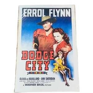 Bioscoop Poster Lobby Card Vintage reclame ephemera 17X11 muur hangende decor jaren 1960 Dodge City Errol Flynn Olivia De Havilland BC1