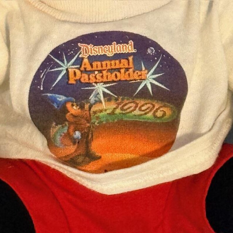 Pu&ograve; includere: T-shirt bianca con grafica circolare con la scritta "Disneyland Annual Passholder 1996". La grafica mostra un personaggio dei cartoni animati e una scena paesaggistica con stelle su sfondo blu scuro. Tessuto rosso visibile in basso.