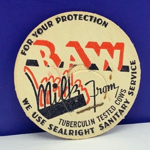 MILK BOTTLE CAP vintage dairy pasteurized farm advertising vtg cow pog 1930 ephemera paper label raw tuberculin tested cows sealright