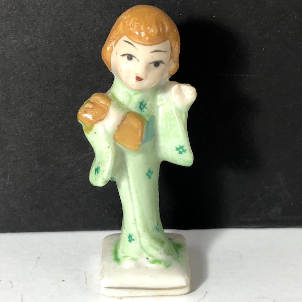 VINTAGE GEISHA GIRLS 1950 porcelain figurine miniature statue sculpture kimono obi Japan Emerald jade Green dress dancing