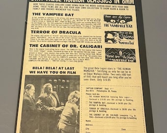 May include: A vintage advertisement for horror films in 8mm, featuring titles like "The Vampire Bat" and "Terror of Dracula." The black and white print includes film stills and text, with a focus on classic monster movies. The ad also includes a photo of Bela Lugosi.