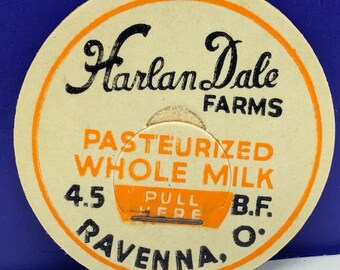 MILK BOTTLE CAP vintage dairy pasteurized farm cow advertising vtg pog size 1930s ephemera Harlan Dale Ravenna Ohio Oh whole 4.5 bf usa