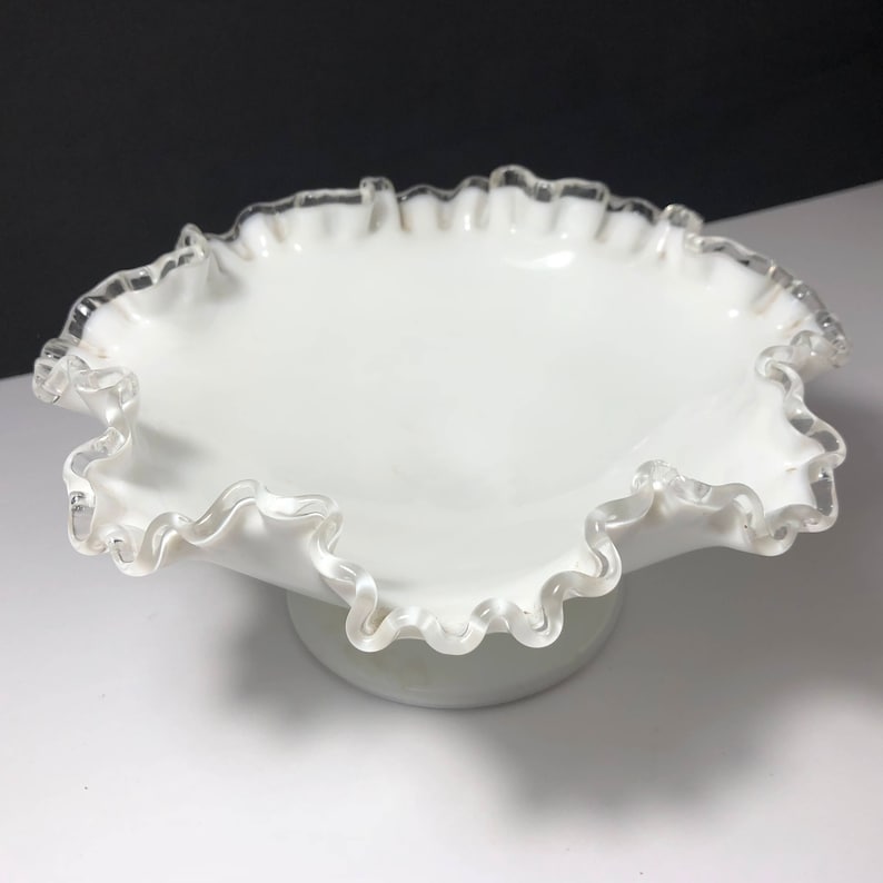 VINTAGE FENTON GLASSWARE vase glass milk white opalescent sculpture wave rim ribbed bowl candy dish silver crest wave rim ruffled footed