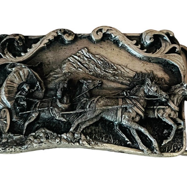 Belt Buckle vtg silver pewter brass Bergamot Siskiyou American West stagecoach