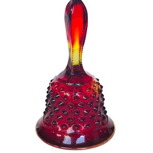 Fenton art glass figurine bell Cranberry red yellow hobnail ruby opalescent vtg