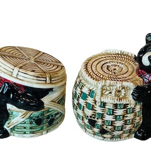 Salt Pepper Shakers vtg antique figurines anthropomorphic Black Bear basket cub