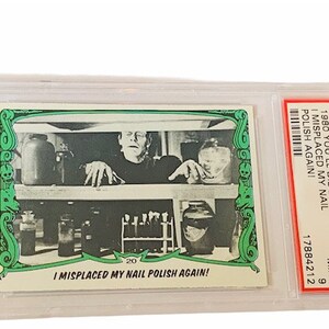 Horror Universal Monster You'll Die Laughing Trading Card Vintage 1980 Topps Graded PSA 9 Mint Frankenstein #20 Boris Karloff nagellak