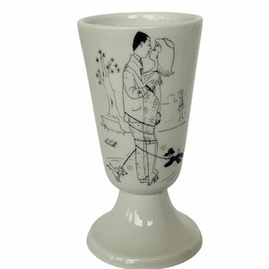 LIMOGES CUP GOBLET Vintage France Drinking glass mug signe Rene Caille Love Couple Kiss anthropomorphic puppy dogs tied up art French vtg