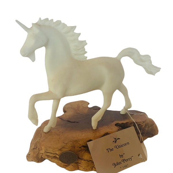 VINTAGE UNICORN FIGURINE statue sculpture collectible home decor gift white stallion magical horse Joe Perry signed Pellucida