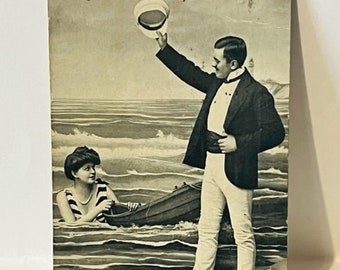 Postcard vtg Antique Ephemera Post Card 1914 Dive Water Boat Adieu Boat London