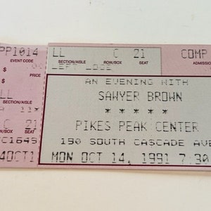 Sawyer Brown Rock Konzertticket Stub Pop Memorabilia Musik Heavy Metal Country vintage Ephemera 1991 Pikes Peak Center Colorado Springs CO