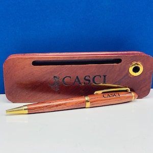 CASCI BALLPOINT PEN vintage writing instrument alligator crocodile logo emblem wooden case gold trim wood carved vtg mcm