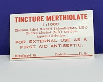 Etichetta vintage di una farmacia, materiale effimero vintage degli anni '30, pubblicità di farmaci su prescrizione, tintura di mertiolato, veleno, vintage USA americana