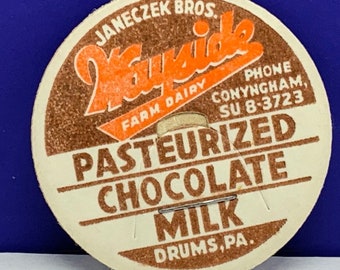 MILK BOTTLE CAP vintage dairy pasteurized farm advertising vtg cow pog 1930 ephemera Wayside Jameczek bros drums pennsylvania pa chocolate