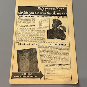 Vintage Print Ad 1943 Advertising WW2 WWII Adventure Magazine Army Test Recruit 9X6