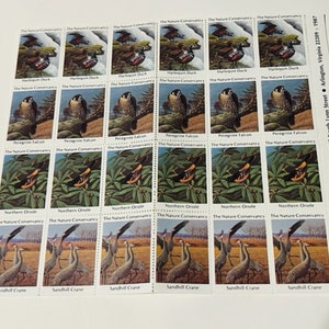 Nature Conservancy Birds Stamps Sheet Lot vtg Duck Falcon Oriole Sandhill Crane
