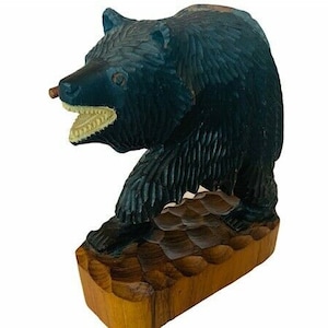 Phil Craft Teakwood Wood Carved Sculpture Bear Teak Wood anthropomorphic Fishing figurine Kodiak brown black