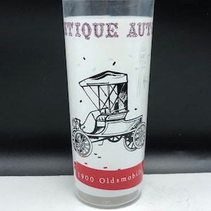 ANTIQUE AUTOS GLASS vintage automobilia automobile car truck collectors cup mug glassware man cave bar 1900 oldsmobile