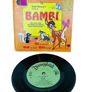 Livro de registros da Disneylândia 45 rpm 33 músicas de histórias em áudio lidas junto ver ouvir Disney vintage década de 1960 longo 1966 Bambi Thumper Flower