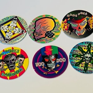 Poison Pogs lot Slammer Milk Cap game vtg skull skeleton punk grunge skater S5