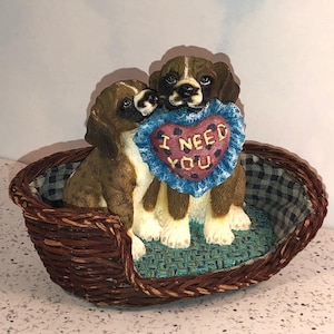 VINTAGE DOG FIGURINE I need you heart puppies doggie bed doggy statue sculpture basket ceramic gray white black brown