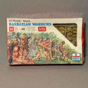 May include: A plastic model kit of Barbarian Warriors from the Romanic Wars series. The box art features a group of warriors in battle, with swords and shields. The kit is 1/72 scale and includes 46 pieces. The box is red, white, and blue with the ESCI logo.