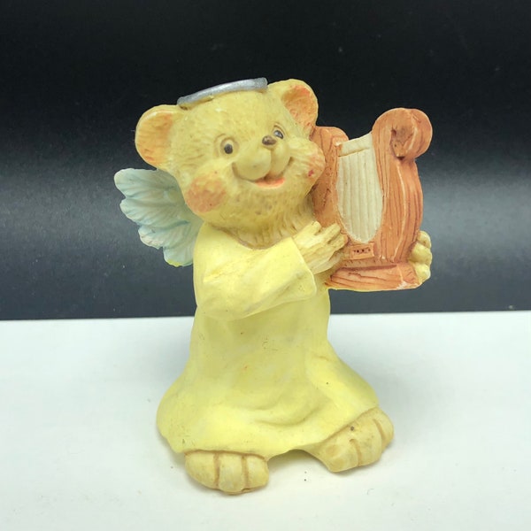 ANGEL TEDDY BABIES bear cub baby vintage 1995 figurine miniature statue sculpture spiritual heavenly halo wings collectible harp yellow gold