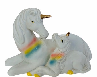 VINTAGE UNICORN FIGURINE statue sculpture collectible home decor gift white stallion magical horse gold horn foal baby rainbow