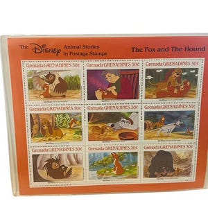 Lot de timbres-poste de collection Walt Disney Histoires d'animaux Fox Hound Grenade vtg