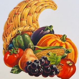 Thanksgiving Schule Wanddekor vtg Antike 1960er Jahre Zeichen ephemera Cornucopia Obstkorb Mais BC2