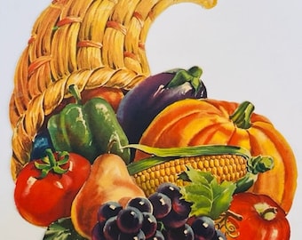 Thanksgiving School Wall Decor vtg Antique 1960s sign ephemera cornucopia Fruit Basket corn BC2