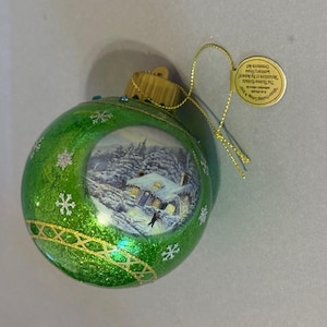 Vintage Thomas Kinkade Christmas Ornament Cottage Bradford Luminary Glass Green